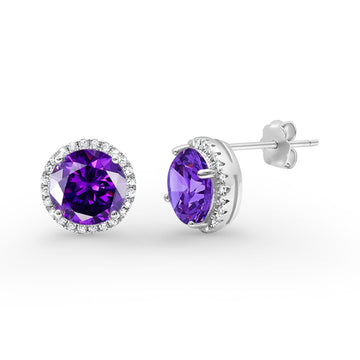 Halo Wedding Simulated Amethyst CZ 925 Sterling Silver Stud Earrings 8mm